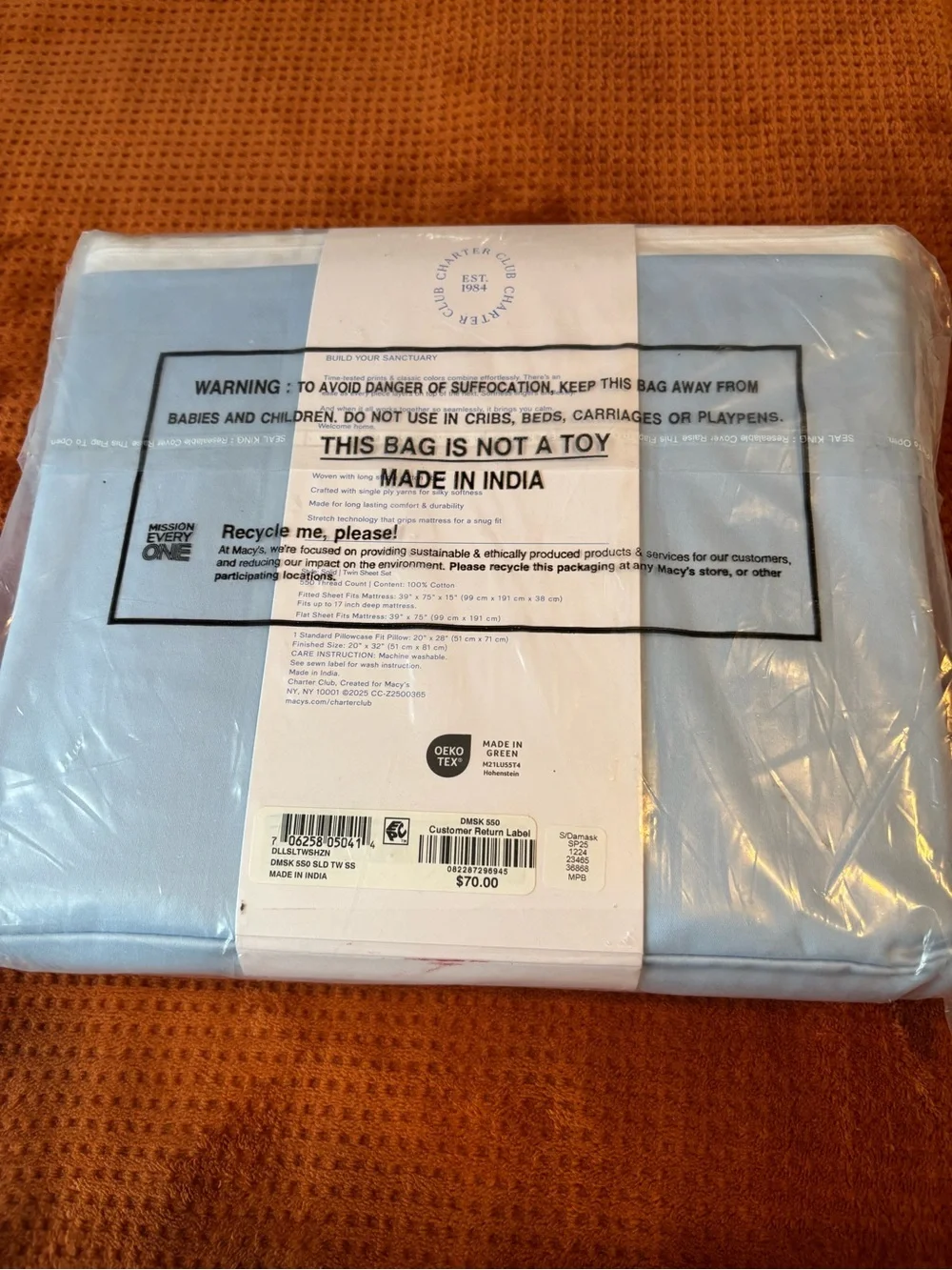 Charter Club Light Blue Twin Sheet Set - Damask Collection